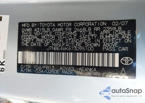 2007 Toyota Camry Le z USA, uszkodzony, nr VIN JTNBE46K673095100